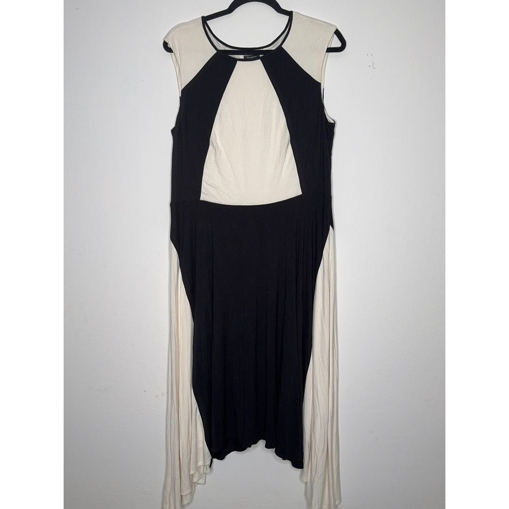 Ann Taylor Black Cream Colorblock Handkerchief Hem Midi Dress Size 14 Sleeveless